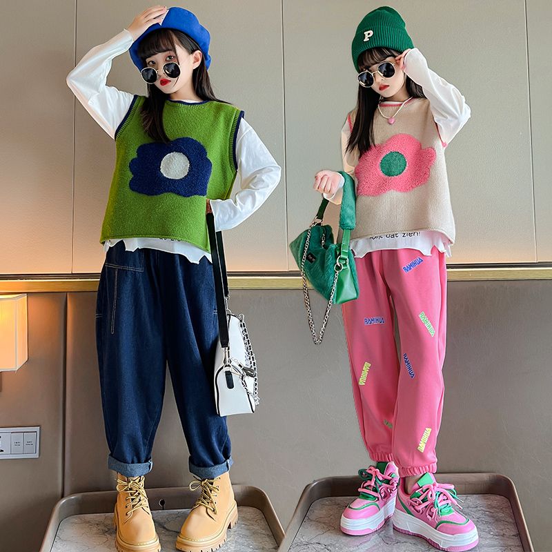 女童套裝2023新款網紅時髦女孩洋氣中大童春裝衣服兒童休閒三件套