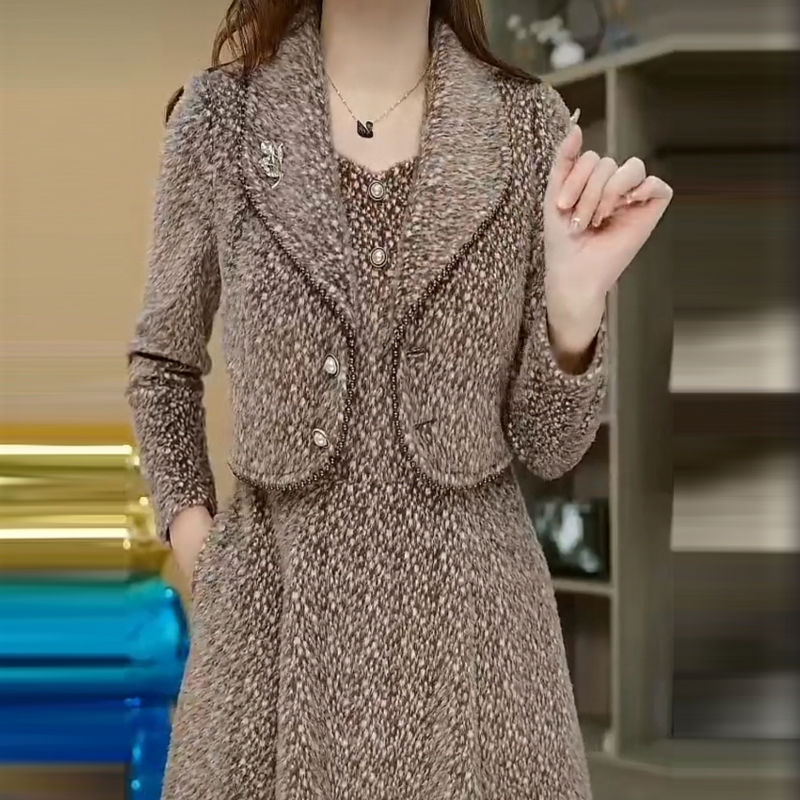 高端北極絨假兩件連衣裙女2023春秋新款氣質顯瘦中長款過膝裙子