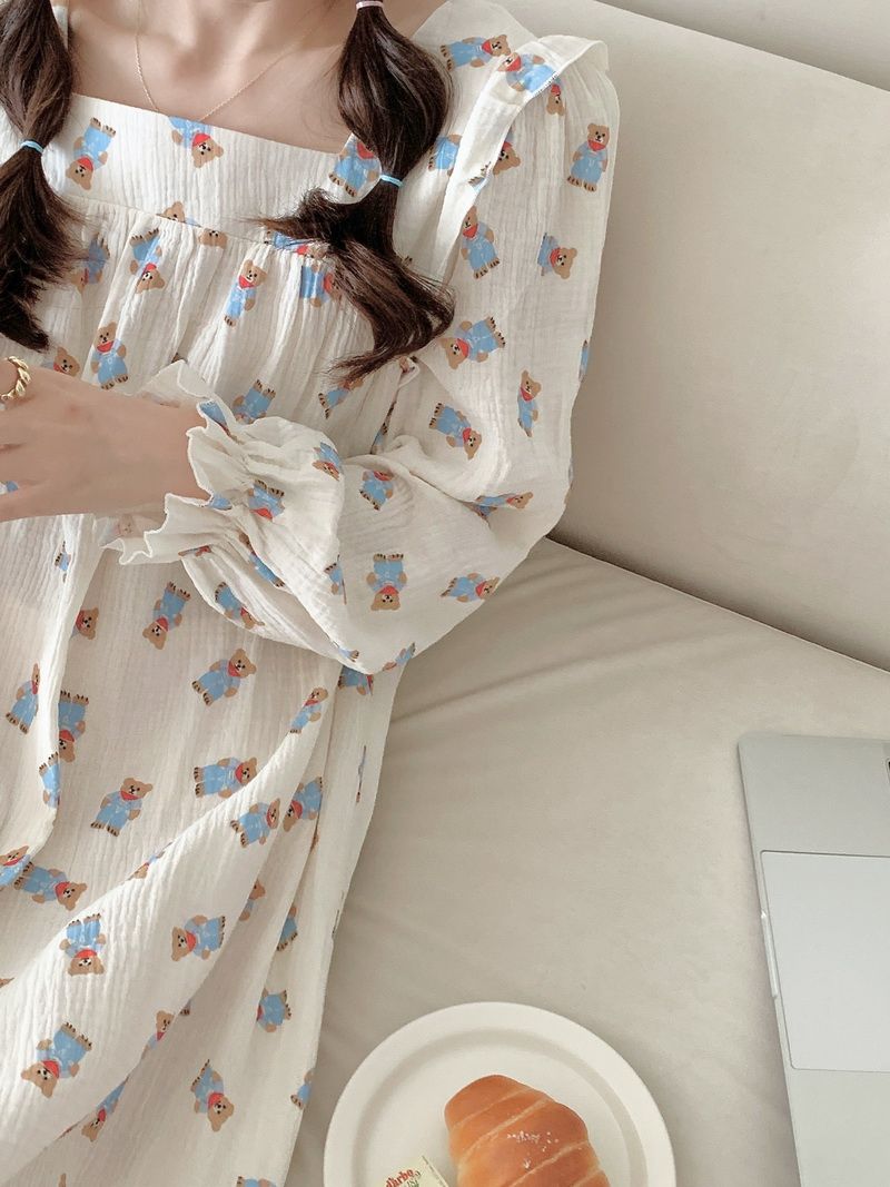 This year's new French nightdress over the knee long skirt baby cotton pajamas female spring and autumn mesh thin section summer home service