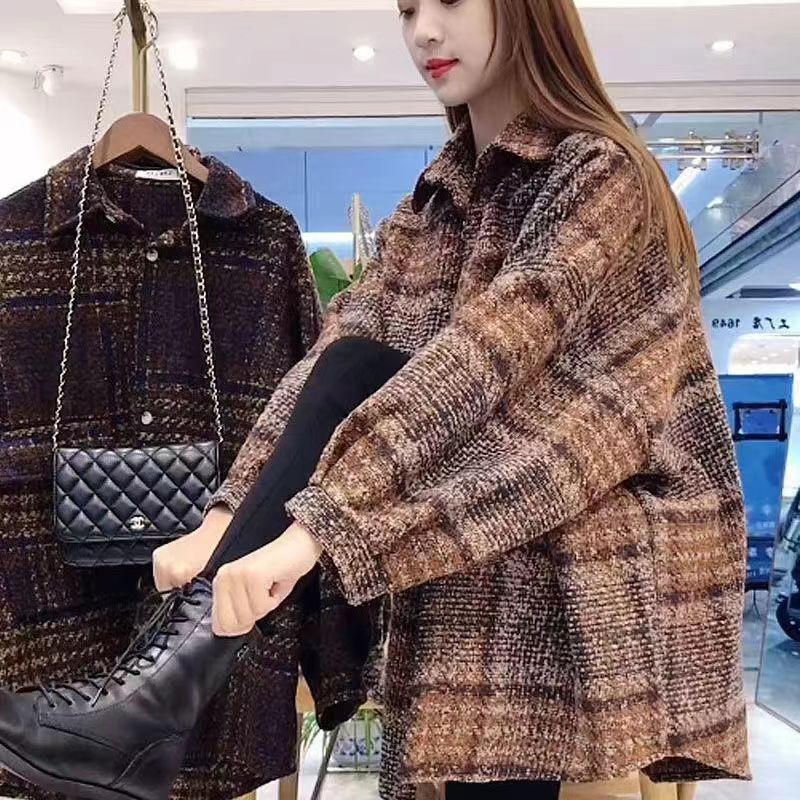 加厚外套毛呢復古磨毛格子襯衫女上衣外穿時尚百搭顯瘦襯衣女潮