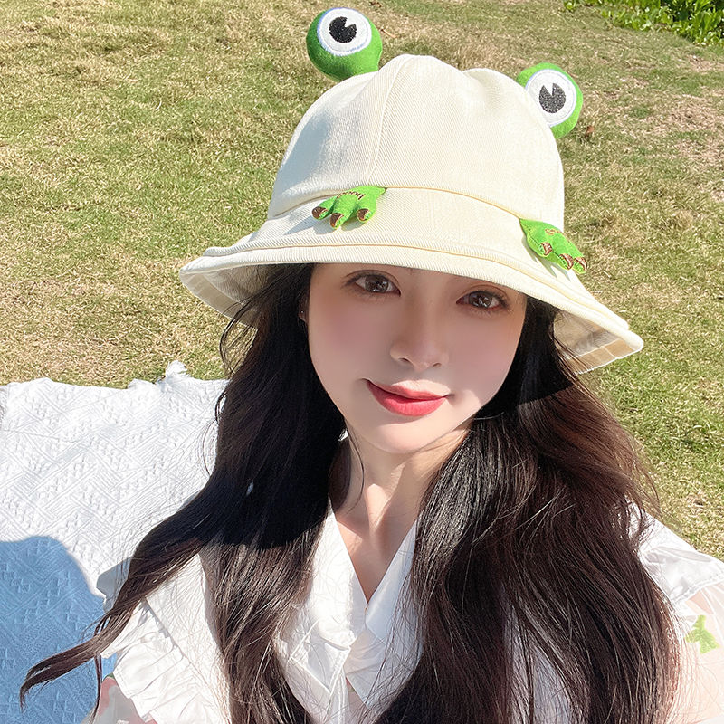 Fisherman hat female spring and autumn cute frog hat ins wind big head circumference color matching small basin hat face big fat man