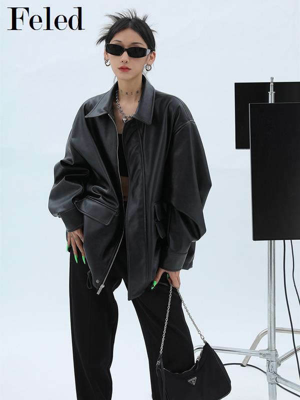 飞拉丹顿2022年新款秋装宽松皮衣外套女黑色设计感pu机车加绒大码