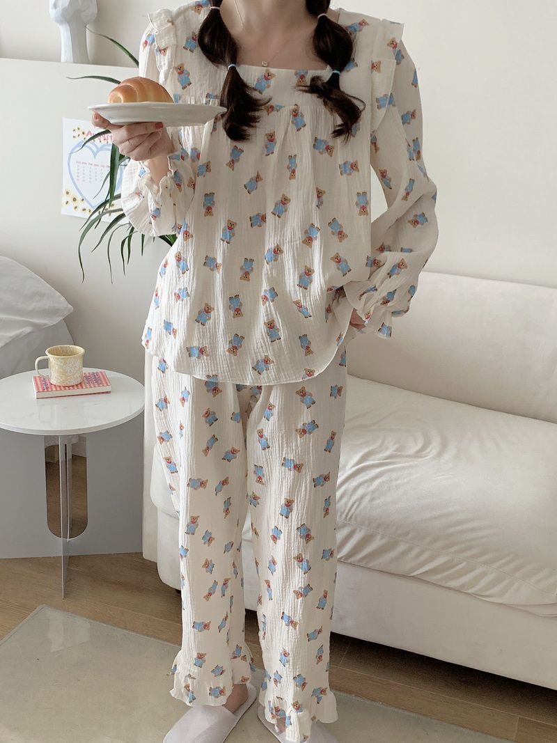 This year's new baby cotton pajamas women's spring and autumn long-sleeved thin mesh ins sweet summer home service suit