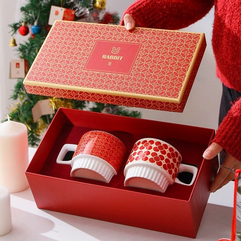 礼盒装红色喜庆陶瓷马克杯伴手礼杯子家用水杯情侣对杯礼品咖啡杯