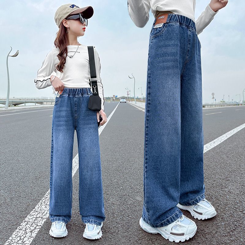 女童闊腿褲薄款2023春季新款小學生直筒褲子寬鬆中大童牛仔褲外穿