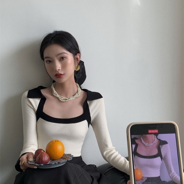 YOUDUOLIN氣質高級感拼色方領別致女秋冬季新款鹽系顯瘦針織衫