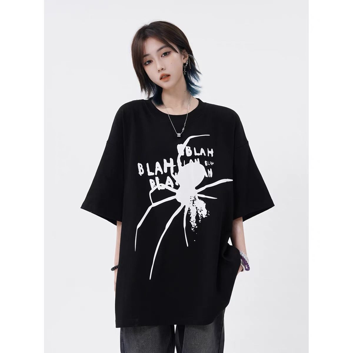 美式高街復古蜘蛛印花t恤男女寬鬆休閒圓領情侶潮牌短袖上衣ins
