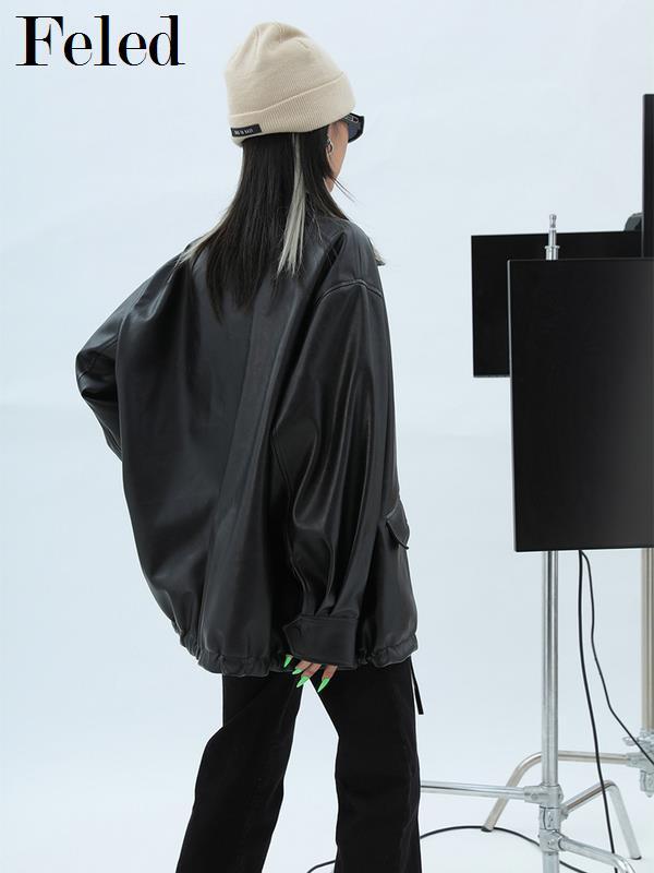 飞拉丹顿2022年新款秋装宽松皮衣外套女黑色设计感pu机车加绒大码