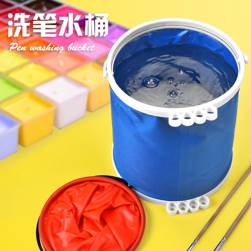 美术画画洗笔桶折叠水桶可伸缩吸水海绵毛巾蓝色白色桶
