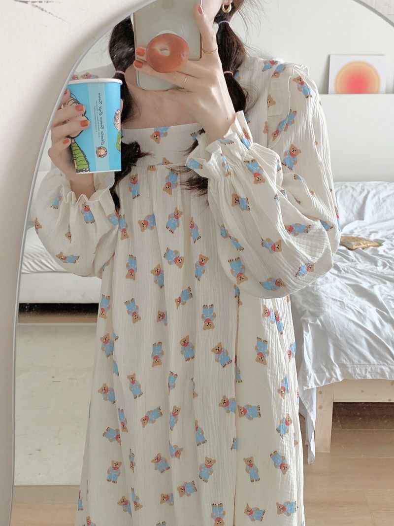 This year's new French nightdress over the knee long skirt baby cotton pajamas female spring and autumn mesh thin section summer home service