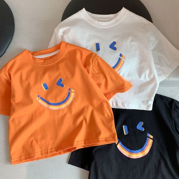 Boys and girls summer new T-shirt 2023 new short-sleeved children's loose rainbow smiley printed top tide