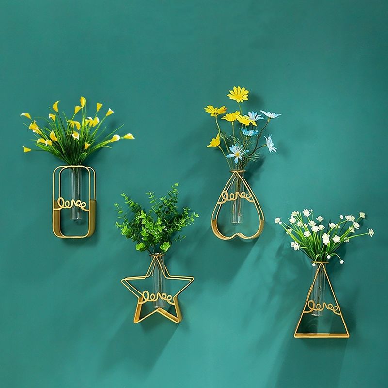 北欧ins铁艺墙上水培花瓶玻璃水养绿萝植物插花器装饰品挂墙容器