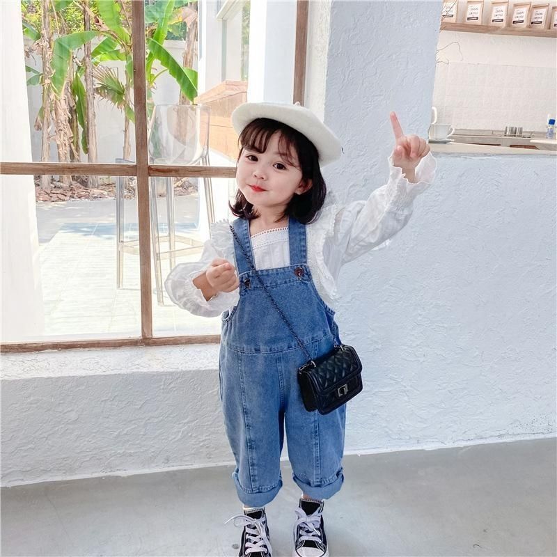 女童牛仔背帶褲春秋裝洋氣2023新款女寶寶寬鬆長褲中小童連體褲子