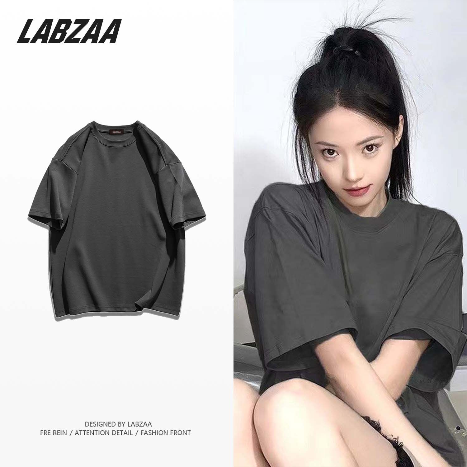 LABZAA pure cotton high street round neck solid color basic model all-match short-sleeved t-shirt female 2023 summer loose ins top