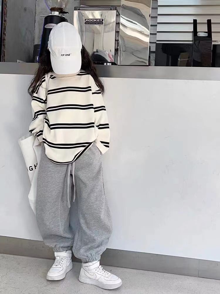 女童秋裝套裝2023秋季新款韓版純棉條紋衛衣洋氣長袖中大童休閒褲