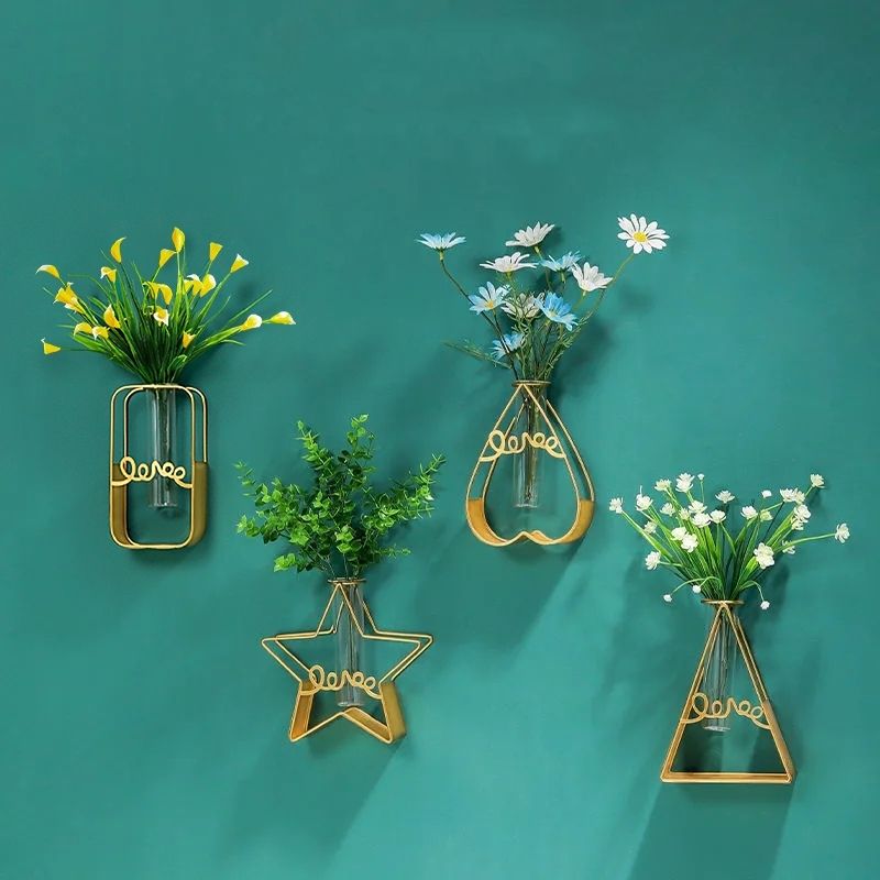 北欧ins铁艺墙上水培花瓶玻璃水养绿萝植物插花器装饰品挂墙容器