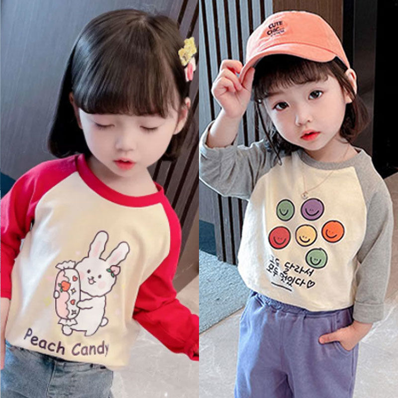100% pure cotton girls long-sleeved t-shirt new children's tops children's spring and autumn children's clothing white tops bottoming shirt