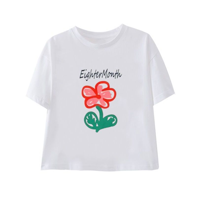 Pure cotton girls' thin children's clothing 2023 summer new small red flower printed T-shirt children's casual all-match top trend