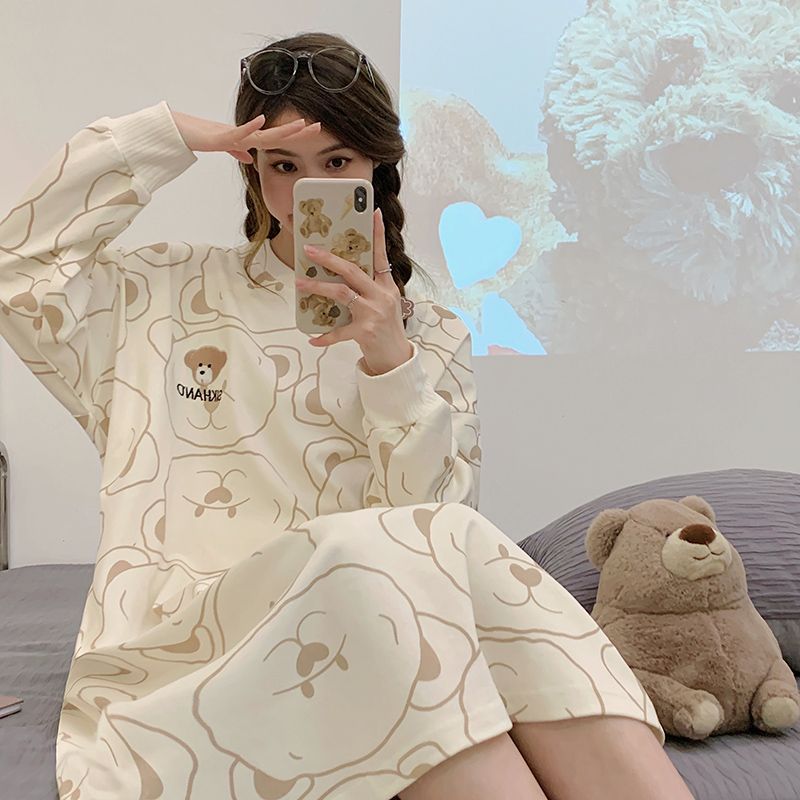 Strawberry bear nightdress women's cotton long-sleeved spring and autumn 2023 new large size summer cute Japanese maternity pajamas