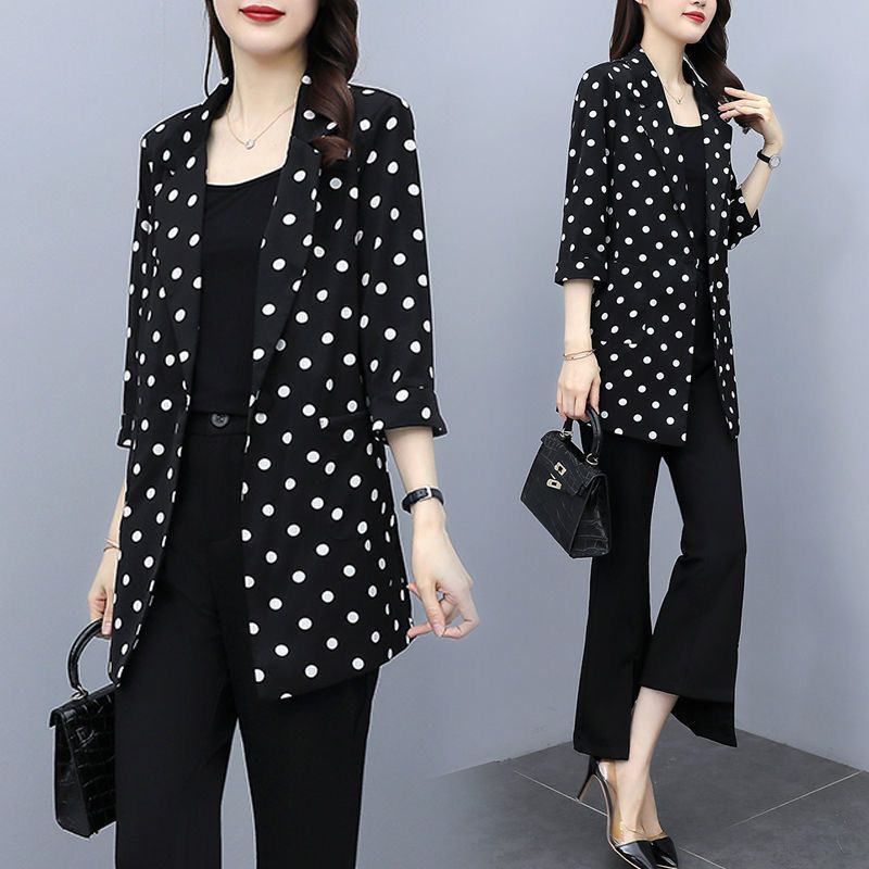 Plus-size women's clothing 2023 new trendy fat MM cover belly and look thin spring and autumn mid-length polka-dot small suit jacket