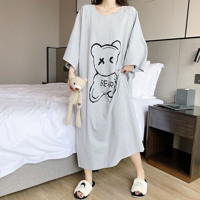 Large size nightdress female fat mm300 catties summer super long section to the ankle cute cartoon bear loose short-sleeved top