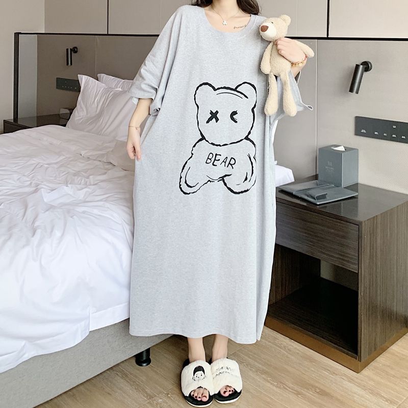 Large size nightdress female fat mm300 catties summer super long section to the ankle cute cartoon bear loose short-sleeved top