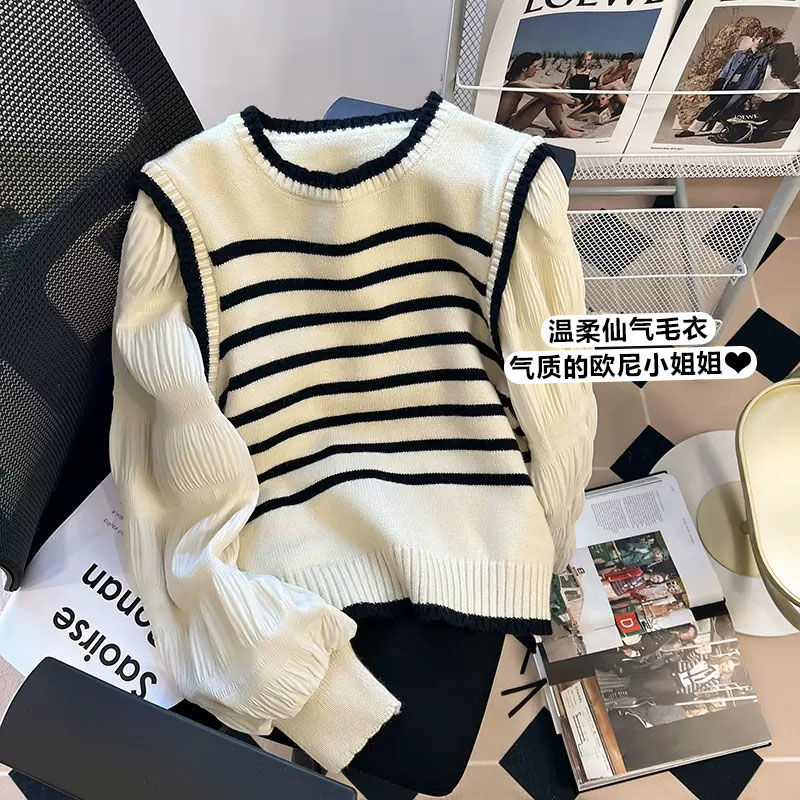 法式拼接條紋假兩件針織衫女早春減齡漂亮洋氣毛衣甜美泡泡袖上衣