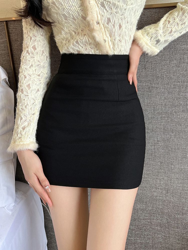 Black Elastic Halfskirt Women's Short Skirt  Spring New High Waist Tight Wrap Hip Short OL Professional Step Skirt