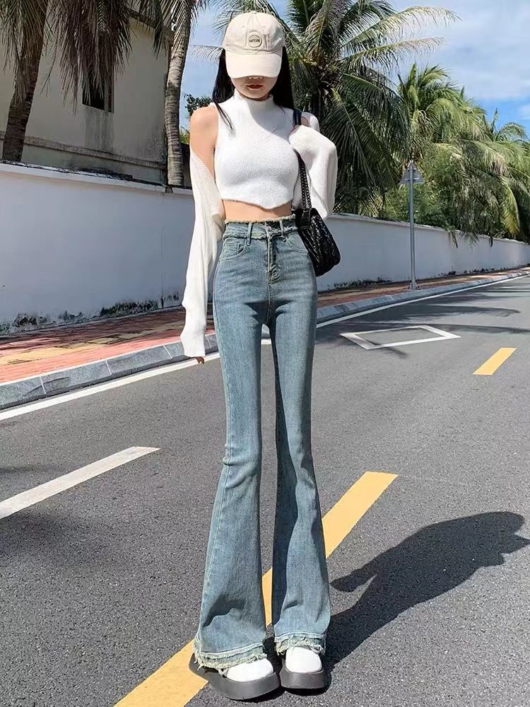 YSYOURS毛邊微喇叭牛仔褲女春夏高腰顯瘦彈力修身大碼垂感拖地褲