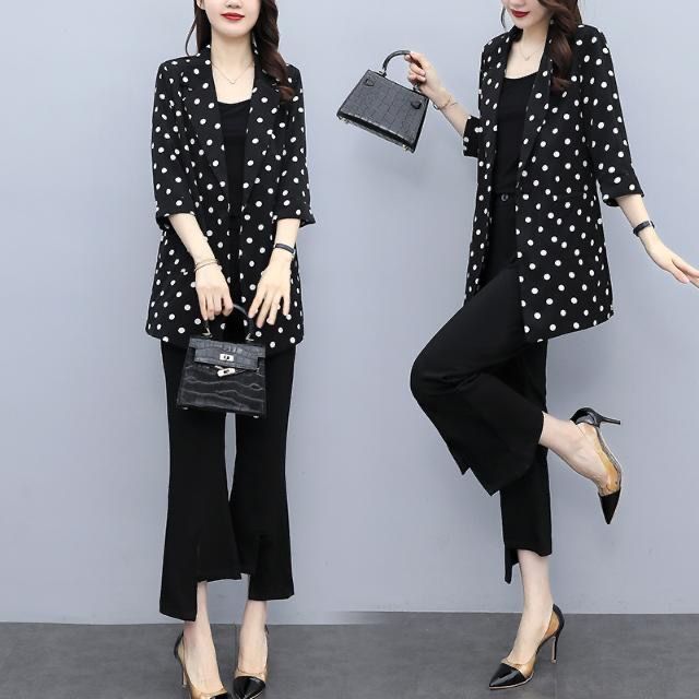 Plus-size women's clothing 2023 new trendy fat MM cover belly and look thin spring and autumn mid-length polka-dot small suit jacket