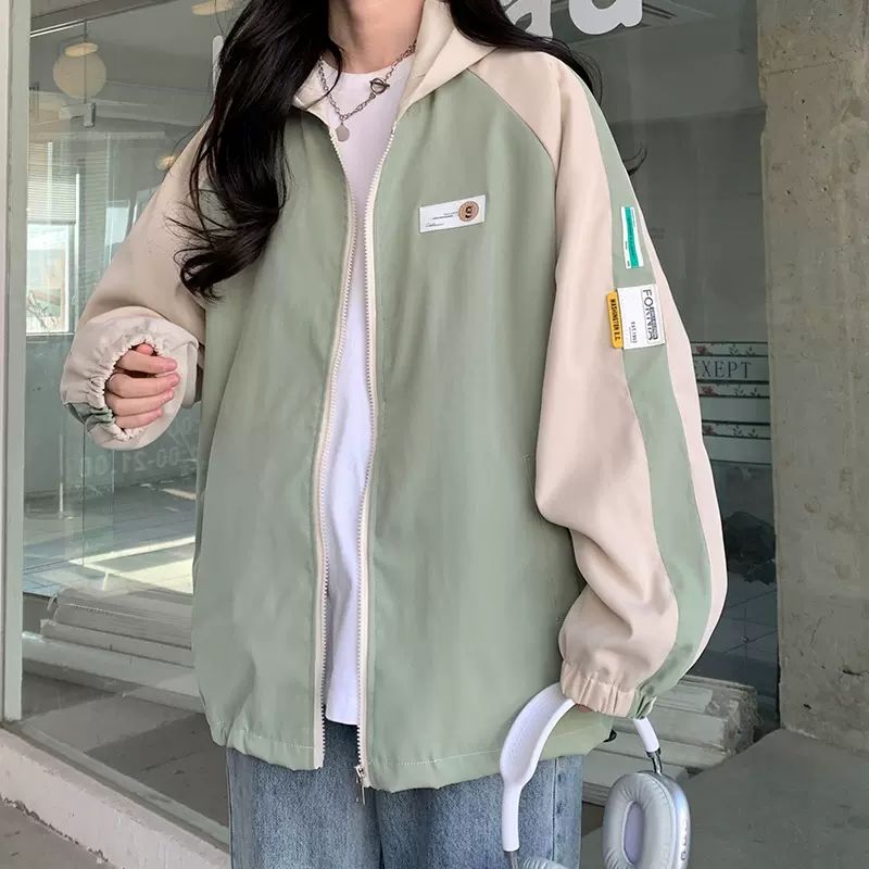 Spliced ​​baseball uniform jacket for girls spring and autumn  new loose casual hooded jacket for junior high school and high school students