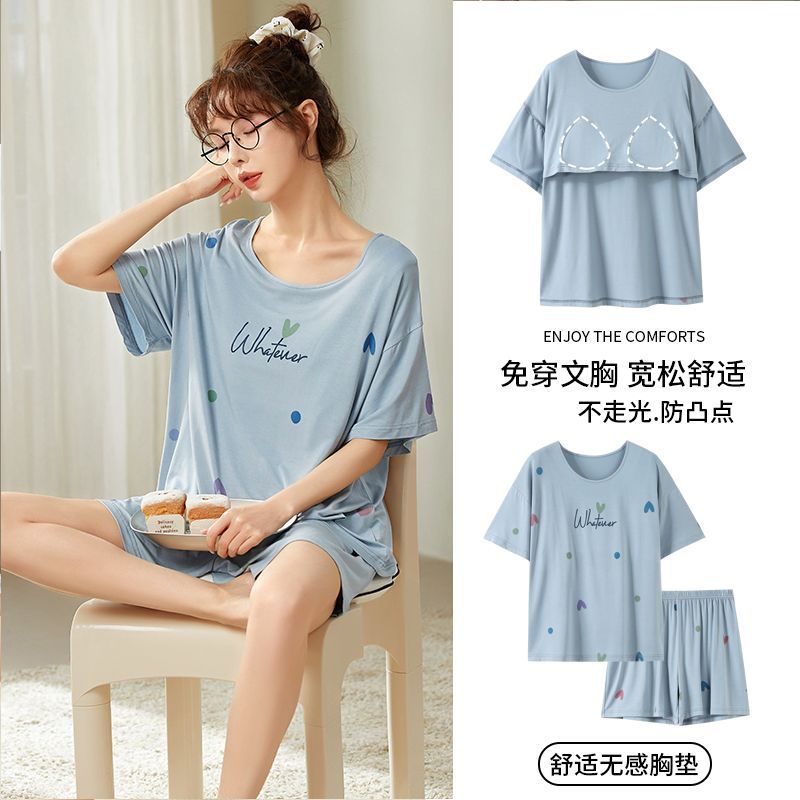 Cool feeling pajamas ladies summer modal thin short-sleeved shorts suit loose anti-convex home clothes can be worn outside