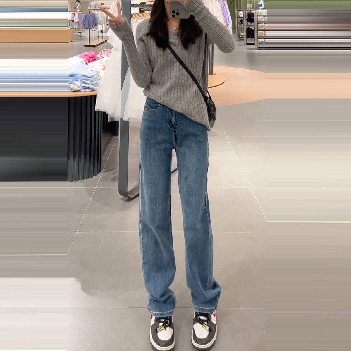 小個子窄版闊腿牛仔褲女2023春季新款高腰加長直筒褲寬鬆拖地長褲