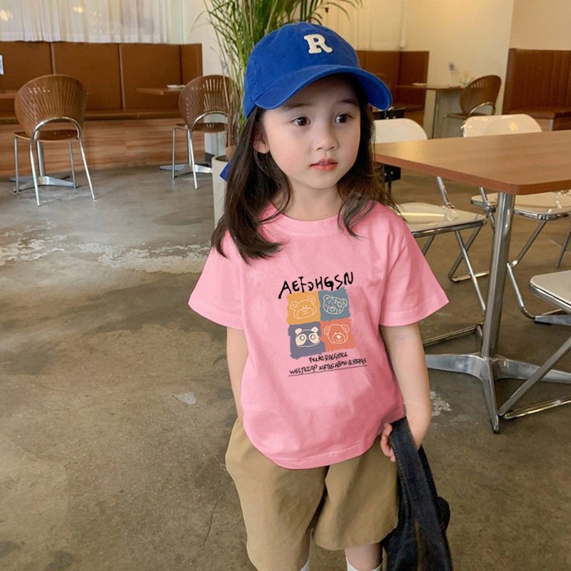 Children's clothes Korean version of cartoon foreign style big children's clothing pure cotton short-sleeved T-shirt summer girls round neck loose top