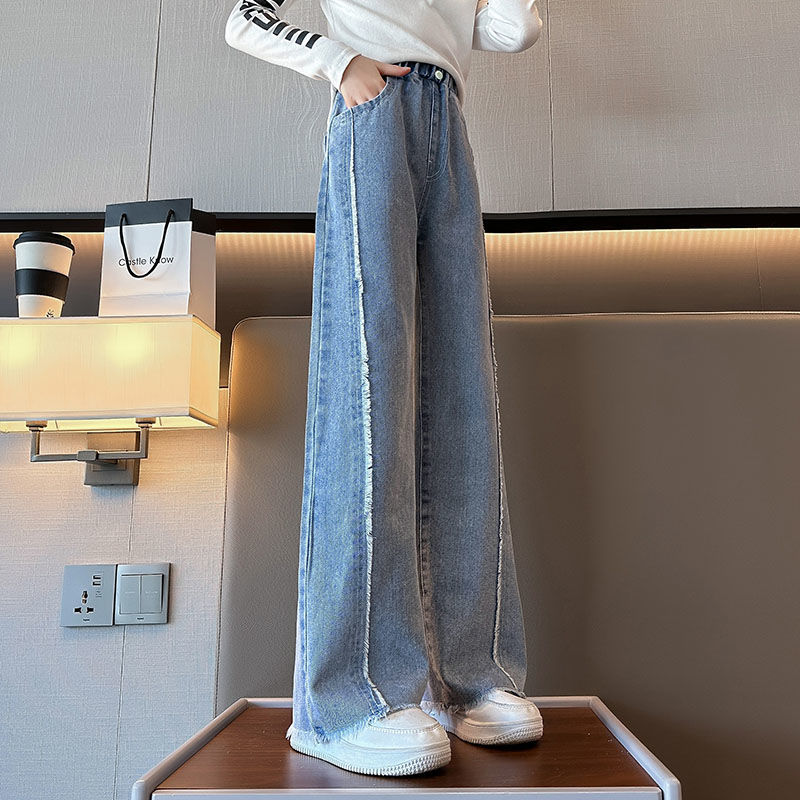 女童牛仔褲春季2023新款中大童洋氣時髦闊腿褲兒童春秋休閒直筒褲