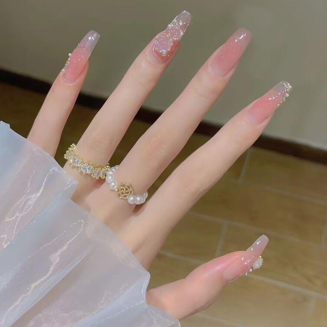 Manicure Wearable Nail Pieces Finished Nail Art Patch Mid-Length Removable Embossed Camellia Fake Nail Patch Removable