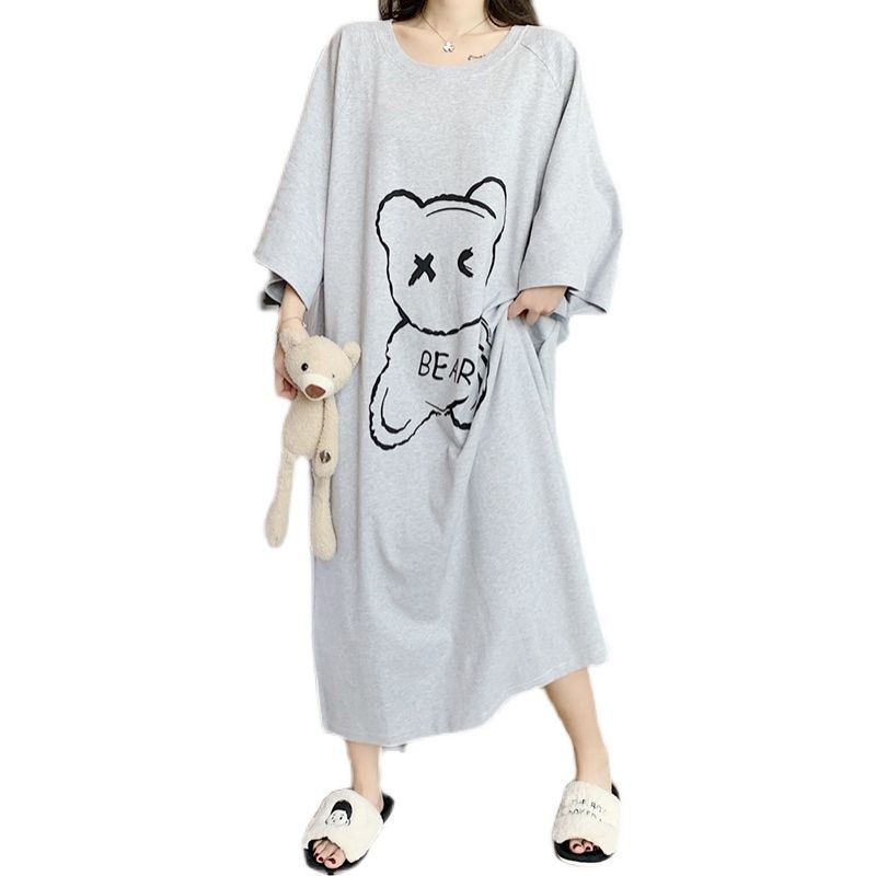 Large size nightdress female fat mm300 catties summer super long section to the ankle cute cartoon bear loose short-sleeved top