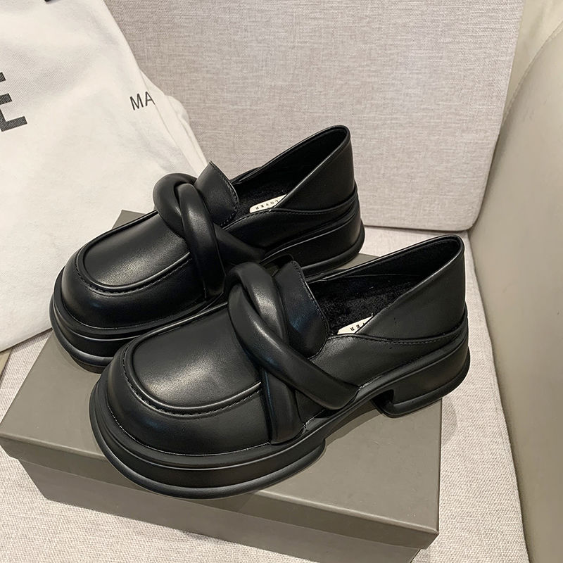 厚底小皮鞋女秋季設計感麵包鞋JK大頭2023年新款單鞋黑色女樂福鞋