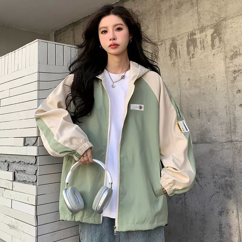 Spliced ​​baseball uniform jacket for girls spring and autumn  new loose casual hooded jacket for junior high school and high school students