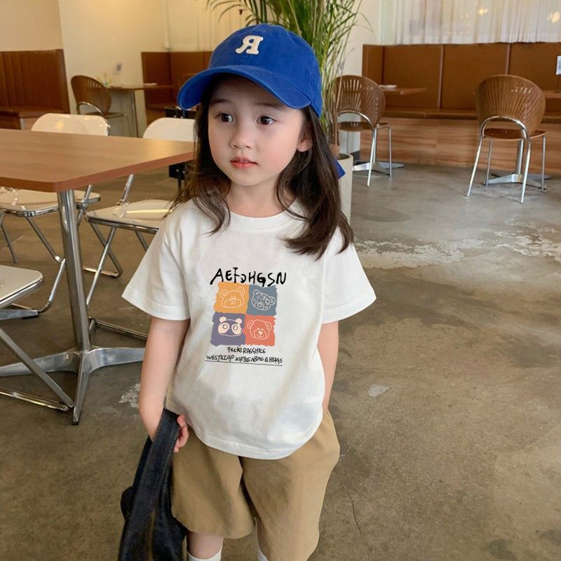 Children's clothes Korean version of cartoon foreign style big children's clothing pure cotton short-sleeved T-shirt summer girls round neck loose top