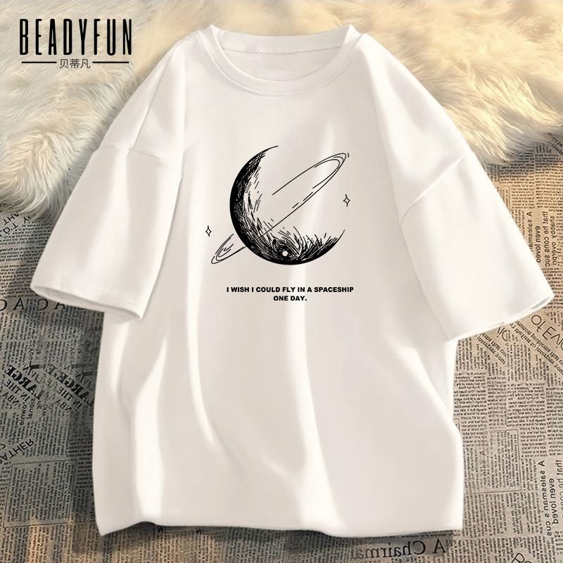 BEADYFUN 短袖t恤男女港風印花圓領體恤半袖簡約百搭潮牌情侶上衣