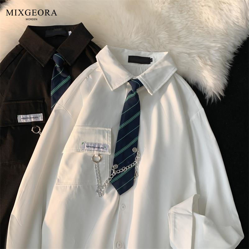 MIX GEORA学院风链条领带衬衫男长袖潮牌宽松休闲痞帅气学生衬衣