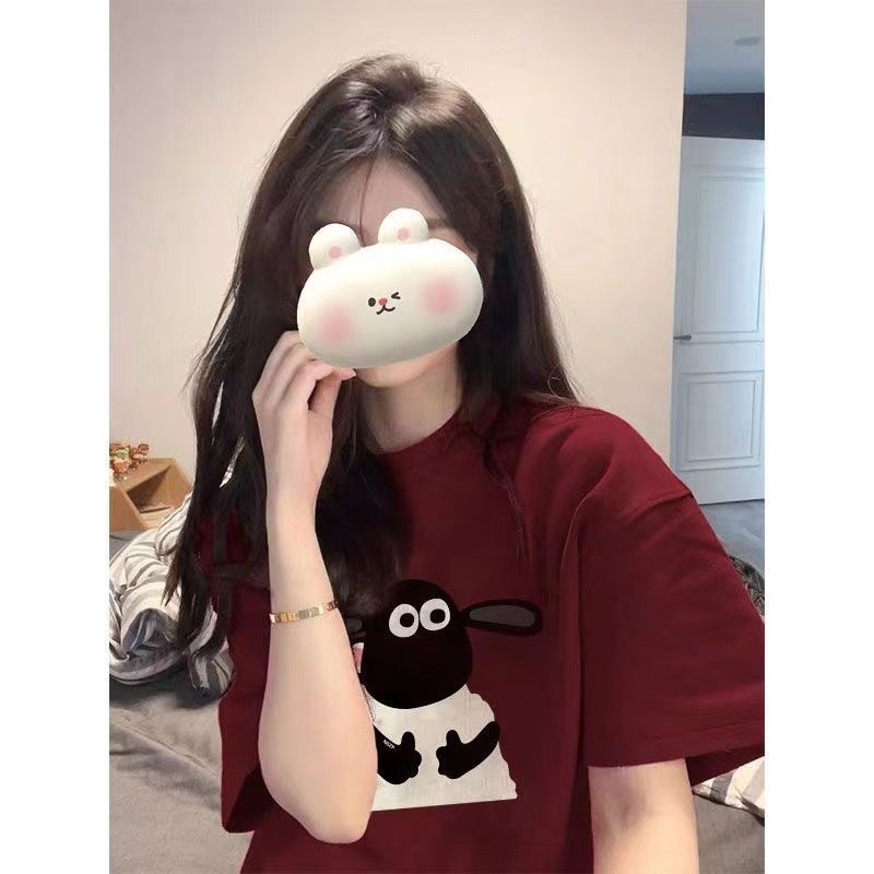 100%純棉酒紅色短袖t恤女學生韓版寬鬆復古慵懶風小眾甜美潮上衣