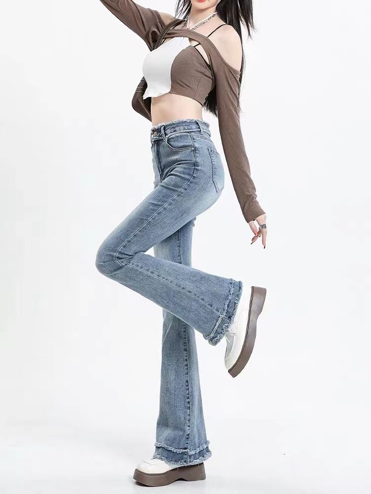 YSYOURS毛邊微喇牛仔褲女春夏高腰顯瘦修身彈力淺色大碼喇叭褲子