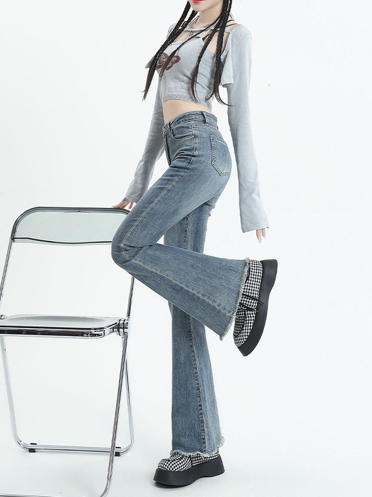 YSYOURS水洗復古微喇牛仔褲女春秋高腰顯瘦彈力大碼毛邊喇叭褲子