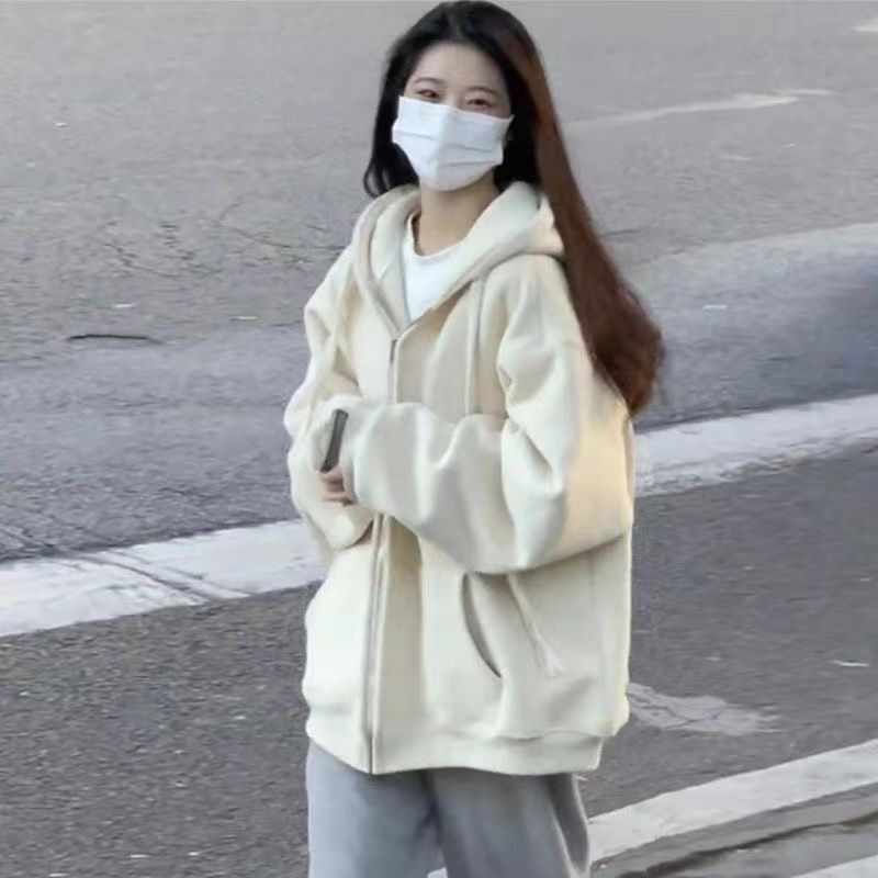 春季新款奶fufu浅杏色连帽卫衣女银狐绒加厚宽松情侣拉链外套