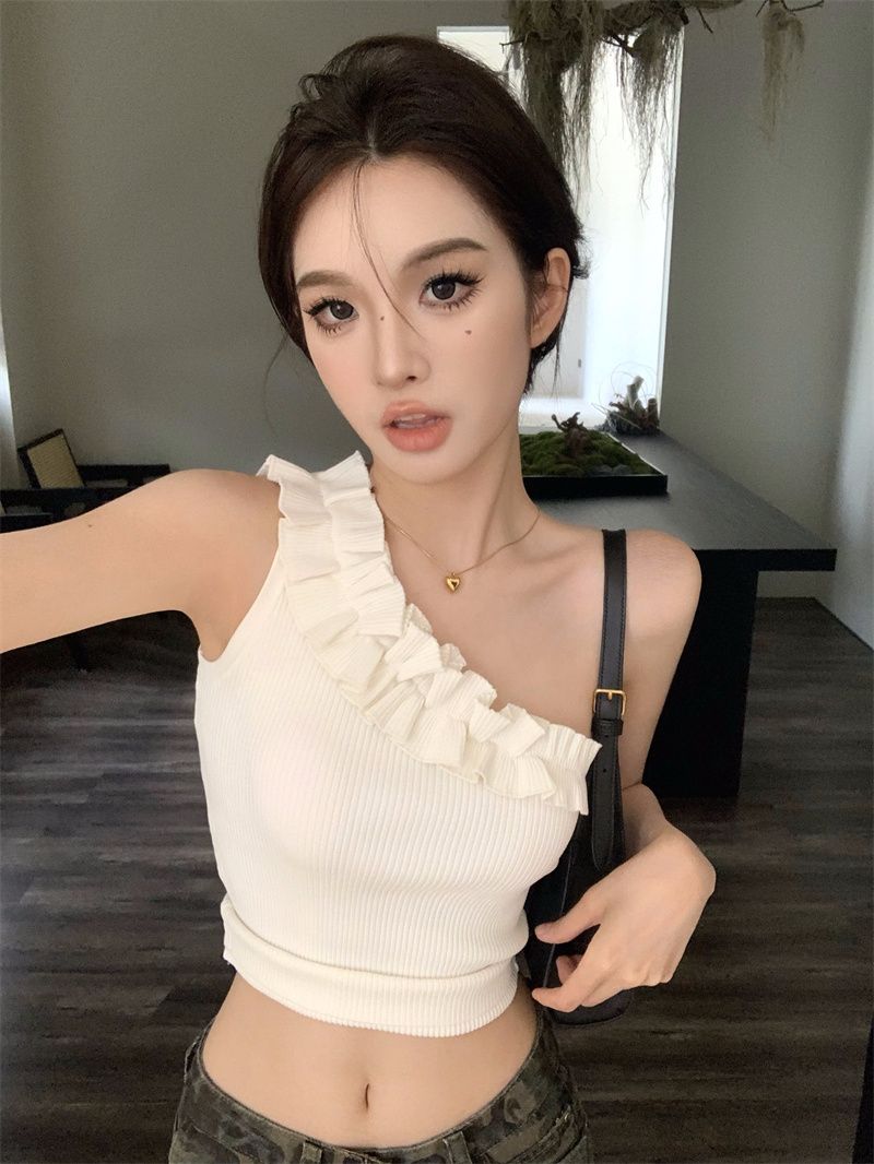 Ruffled sloping shoulder sleeveless camisole women's summer outer wear pure sexy hottie sexy tube top short waistcoat top