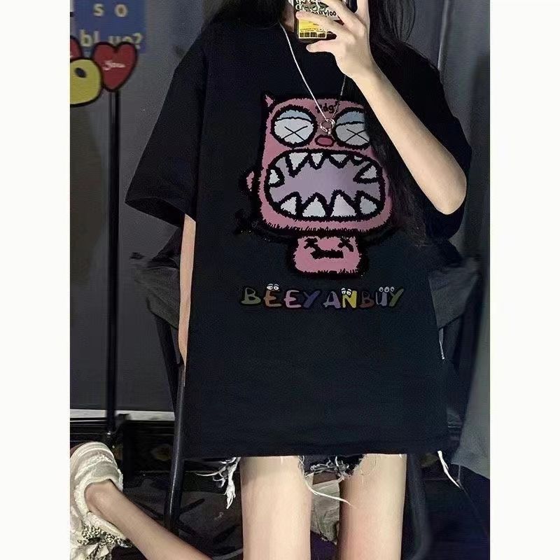 Summer American street tide brand 100% cotton thin short-sleeved top female oversize loose all-match couple outfit