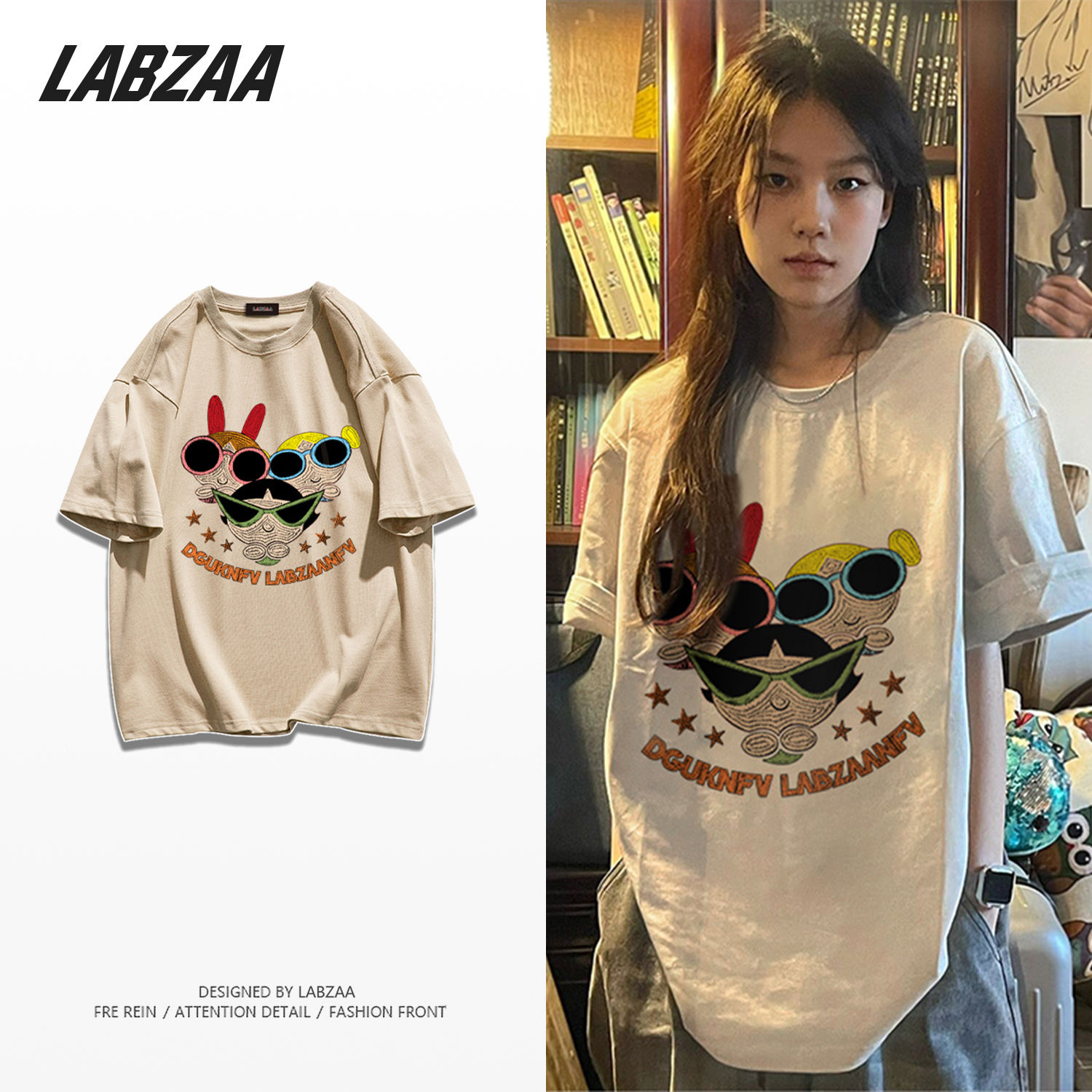 LABZAA pure cotton trendy brand student cartoon printed short-sleeved T-shirt women's summer loose khaki clothes ins tide