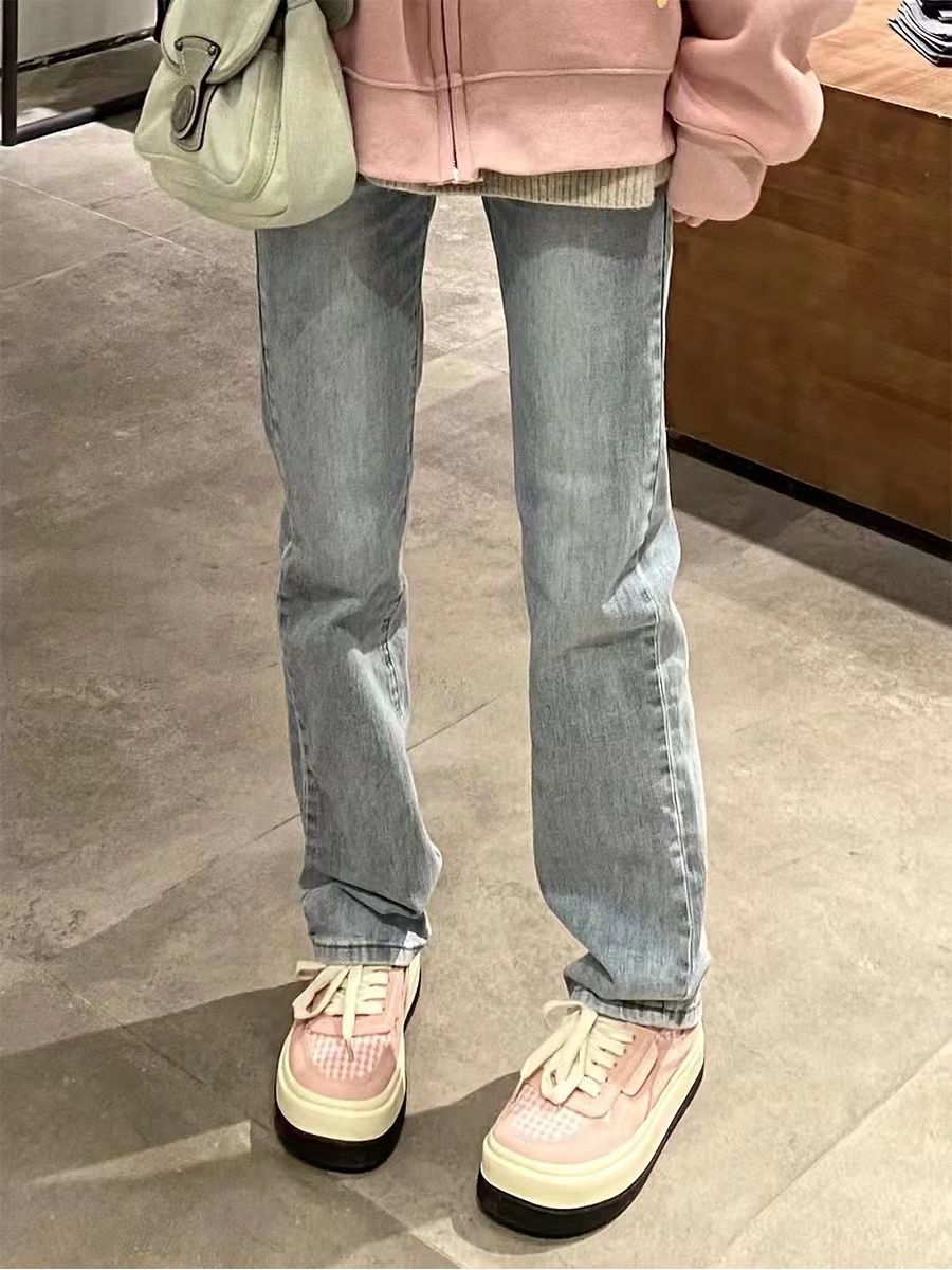淺藍色窄版直筒牛仔褲女2023春夏新款大碼胖mm高腰顯瘦彈力煙管褲
